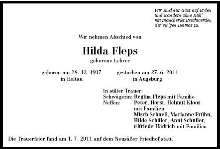 Lehrer Hilda 1917-2011 Todesanzeige